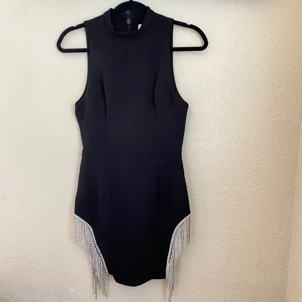 HOUSE OF CB 'Charlize'‎ Black Crystal Trim Dress /Size XS rhinestones NWOT